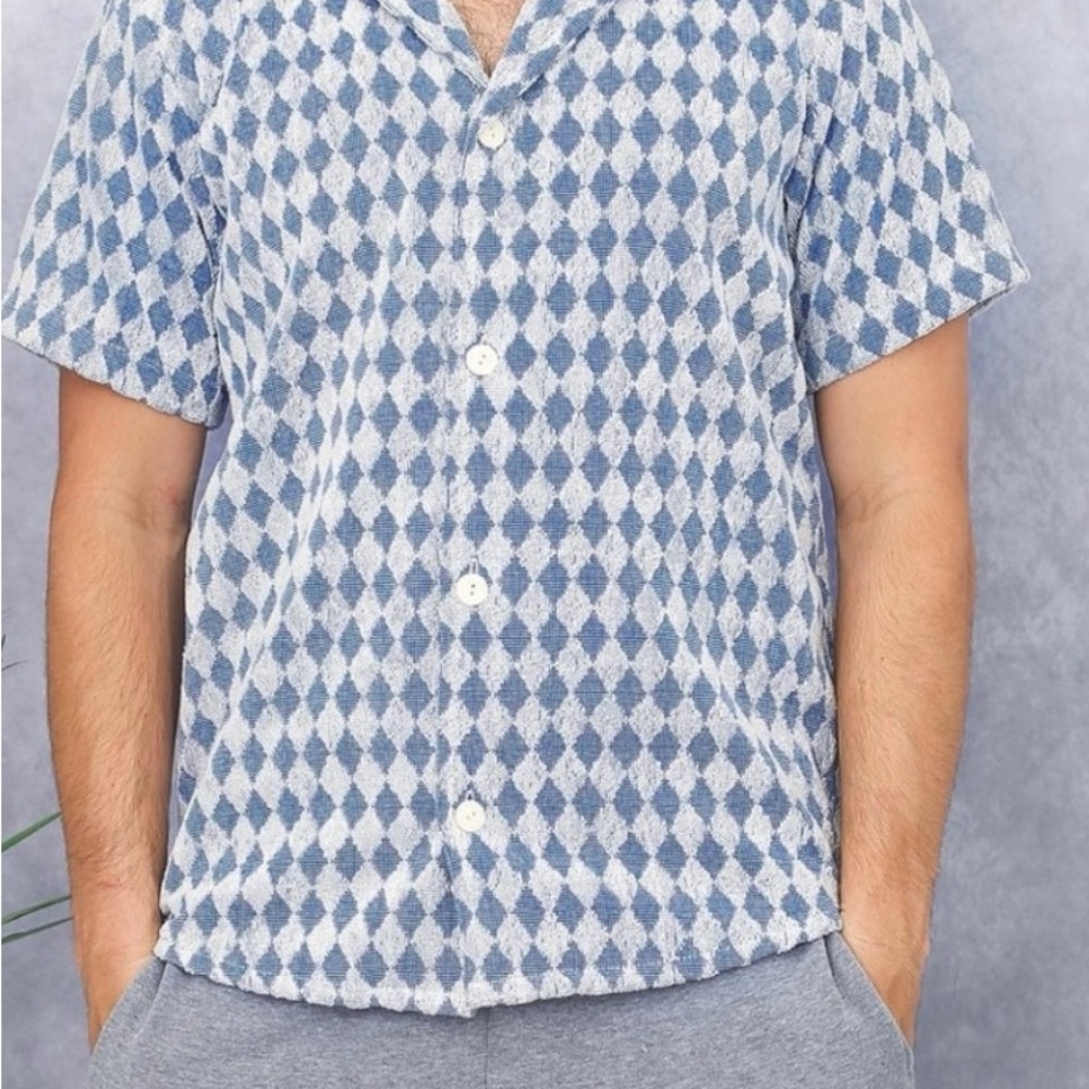 OAS Blue Casual Button Down Terry Cloth Shirt with Diamond Pattern Size Medium